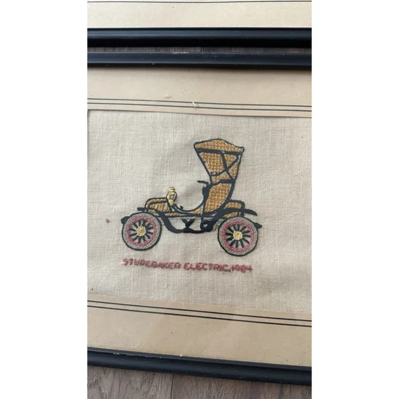 6 VINTAGE COMPLETED EMBROIDERY Antique Cars Framed Old Frames - Picture 5 of 9